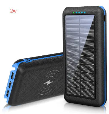 Black portable power bank with wireless Qi charging pad, three USB ports, and LED flashlight for iPhone Samsung Xiaomi phones