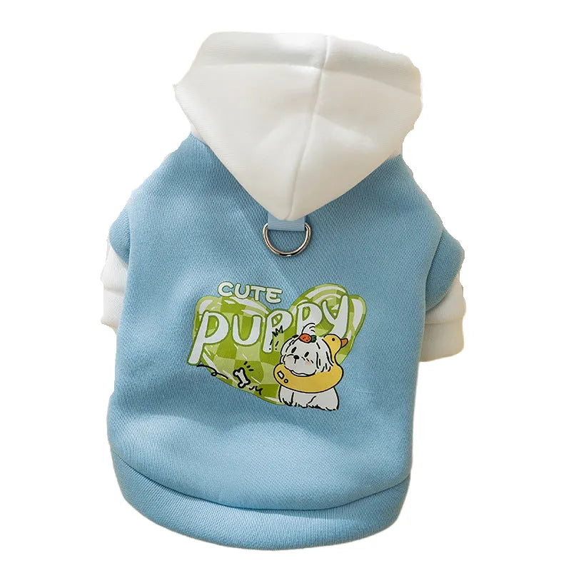 Blue thin fleece pet hoodie with white drawstring hood and cute cartoon dog graphic, sizes XS to XXL