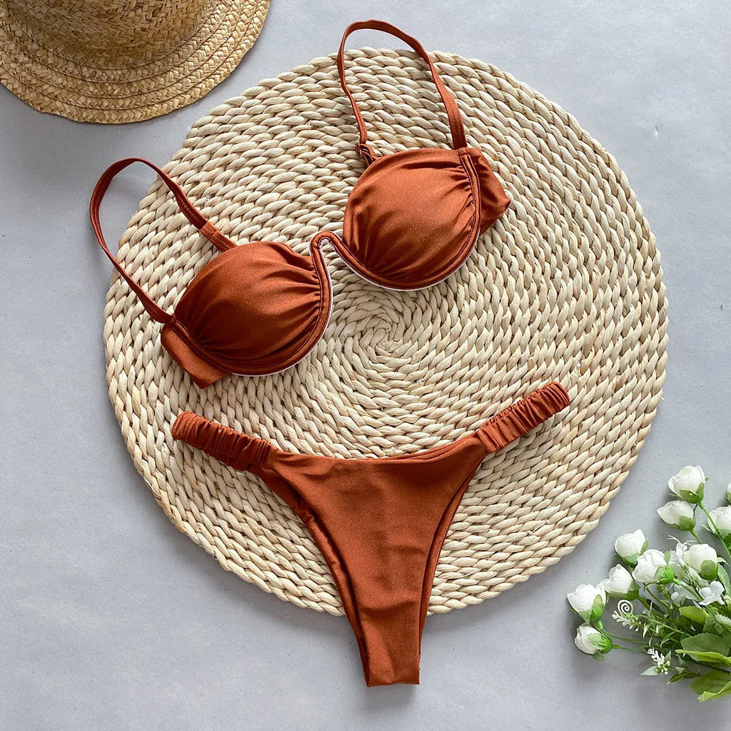 Women's underwire bikini swimsuit in khaki colour with sleeveless briefs style