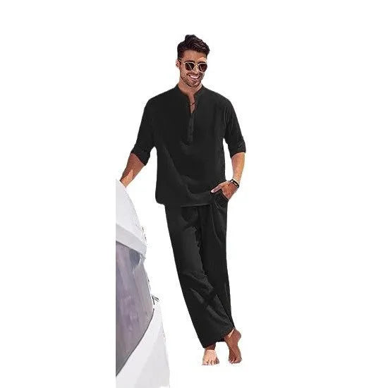 Men's casual cotton trousers suit in solid colours with long sleeves and standard thickness fabric