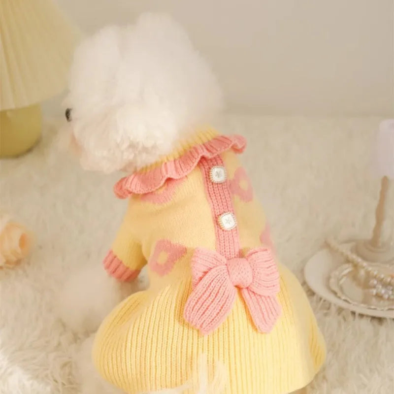 Yellow autumn dog sweater on small pet showing XINGX and fairy dress style options with size chart
