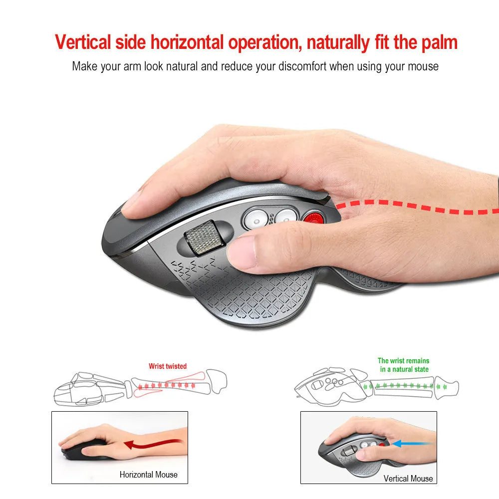 T32 wireless vertical ergonomic mouse in black matte finish showing aluminium side roller and six-button layout