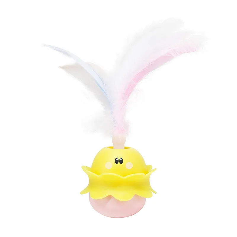 Pink interactive automatic cat feather toy with 360° rotation, LED light, and detachable feathers.