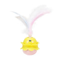 Pink interactive automatic cat feather toy with 360° rotation, LED light, and detachable feathers.