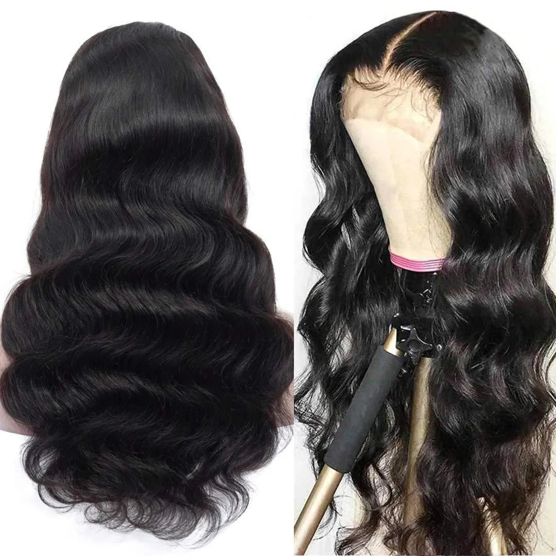 Natural human hair wig black medium length machine made for ladies