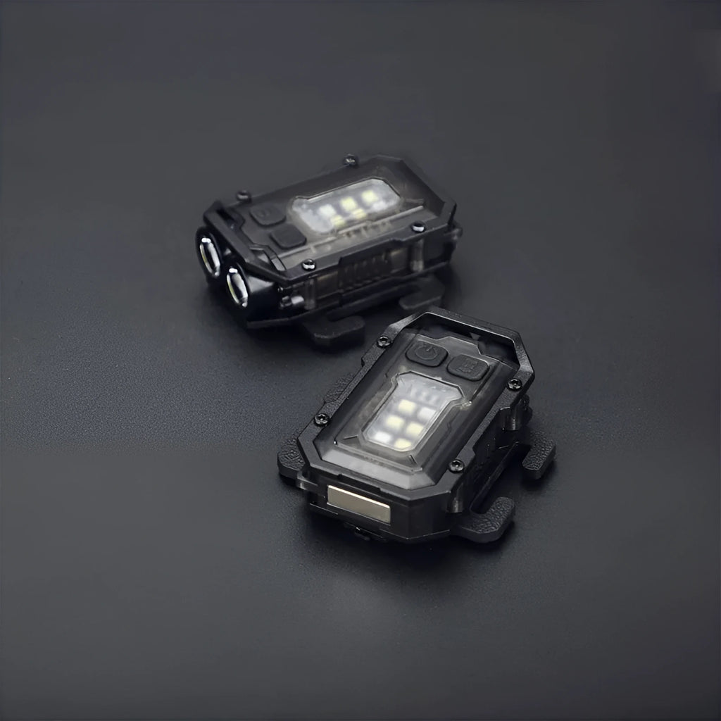 Mini portable tactical warning flashlight with USB charging cable and backpack mount.