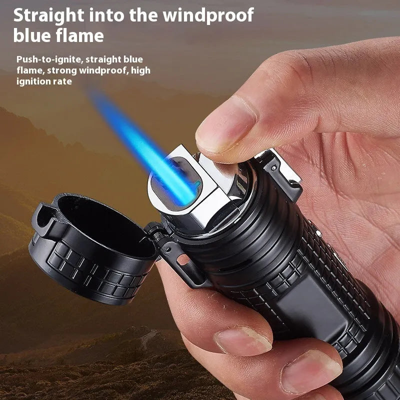 TH727 multi-function metal flashlight lighter in camouflage, red, black, blue, and yellow colours