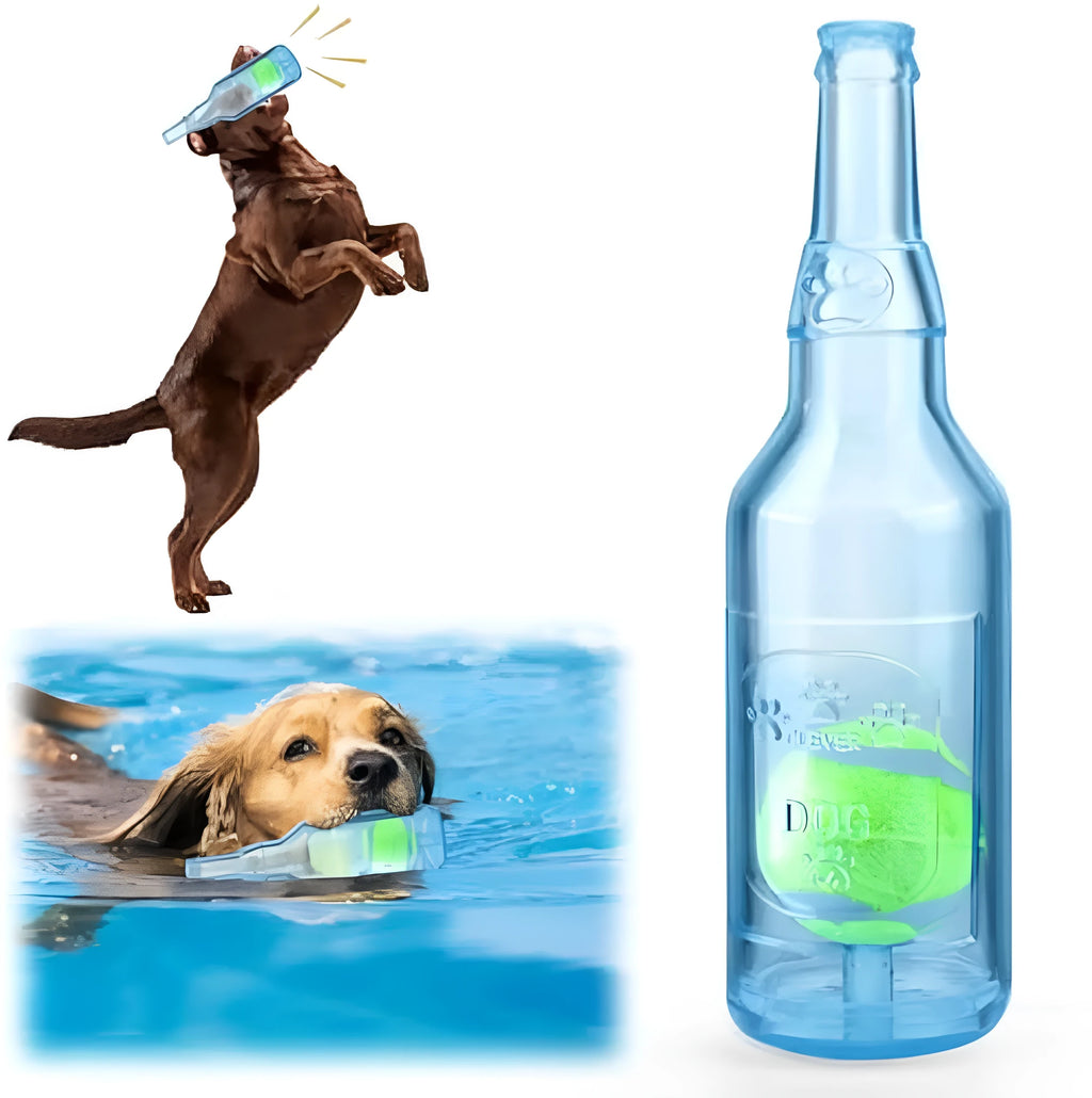 Blue natural rubber squeaky dog toy shaped like a water bottle for chewing and interactive play.
