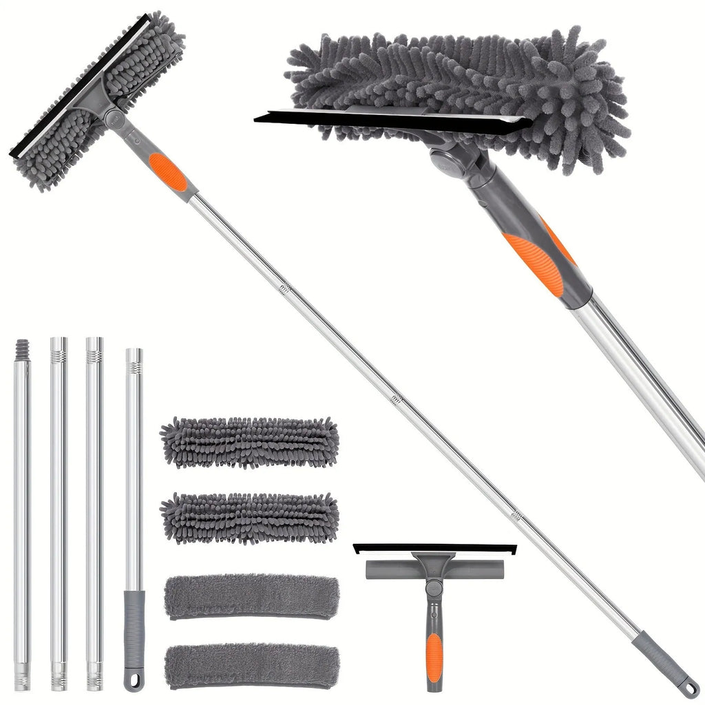 Two-in-one glass squeegee with stainless steel handle, rotating head, four poles and four cloth covers in blue, orange or grey