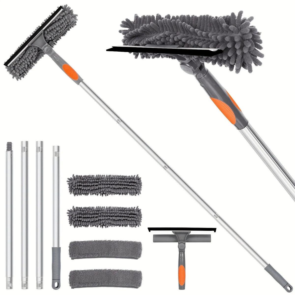 Two-in-one glass squeegee with stainless steel handle, rotating head, four poles and four cloth covers in blue, orange or grey