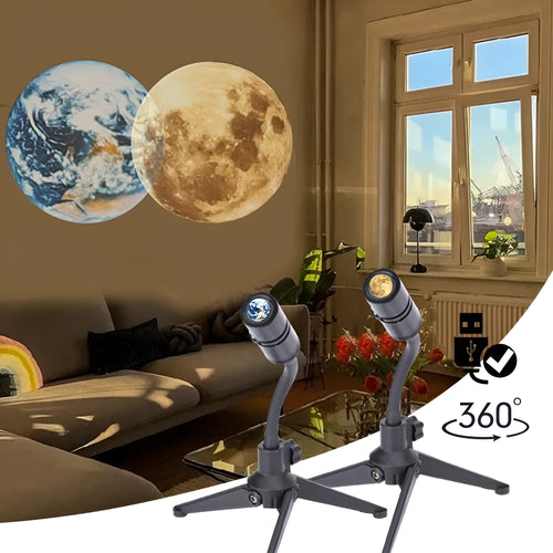 Earth and moon projection lamp with adjustable bracket on wooden surface