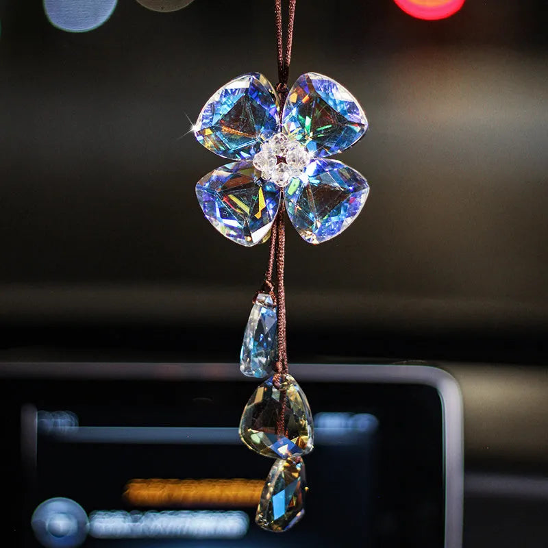 Crystal four leaf clover car pendant ornament in transparent, champagne, black, or shiny finish, approx 20 cm.