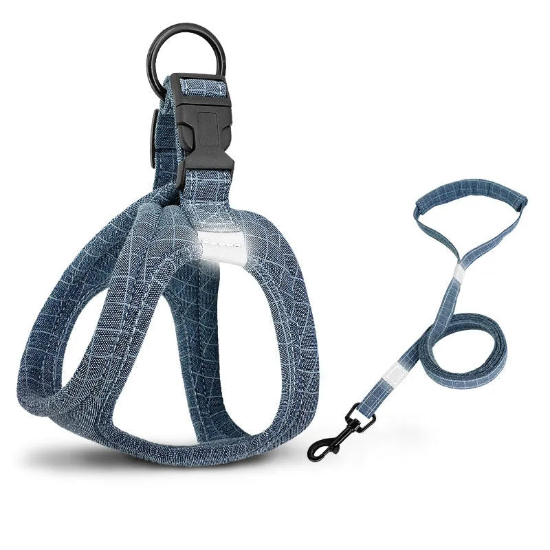 Vest-style rope leash and chest strap set for cats and small dogs in wine red, plaid blue, dark blue, and heather grey, sizes XS to XL.