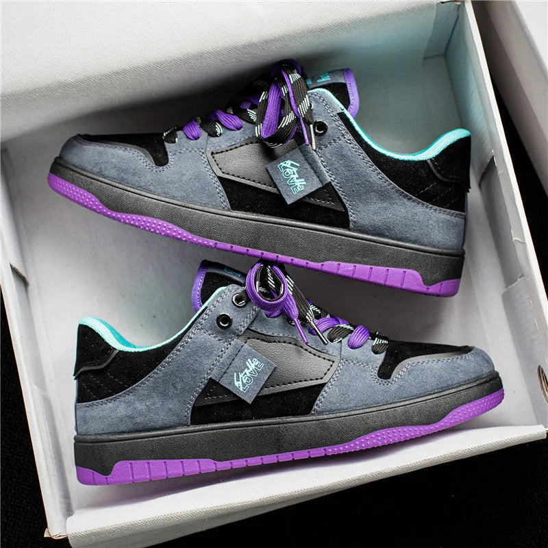 Men's low-top board shoes with colour-matching artificial PU upper, mesh lining, front lace-up, and PVC sole in black purple.