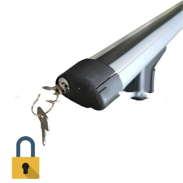 A pair of alloy roof rack crossbars for a General Motors SUV on a vehicle roof.