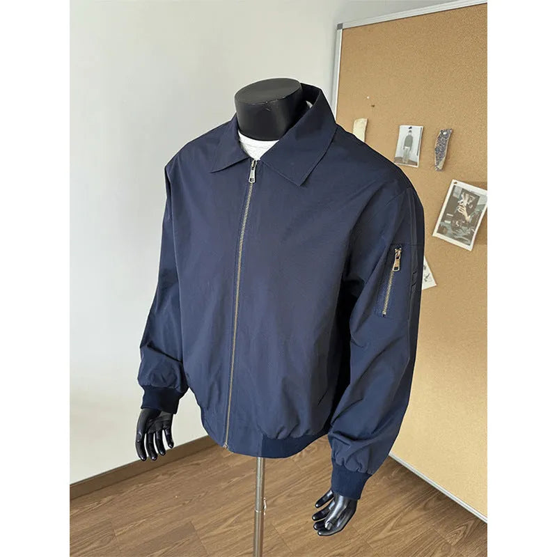 New high street fashion brand navy blue short baseball uniform jacket loose fit for teenagers