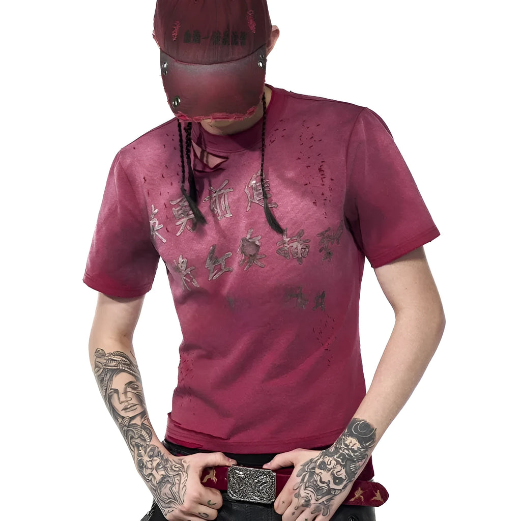 Red men's slim fit t-shirt with distressed dirty wash effect and short sleeves