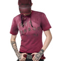 Red men's slim fit t-shirt with distressed dirty wash effect and short sleeves