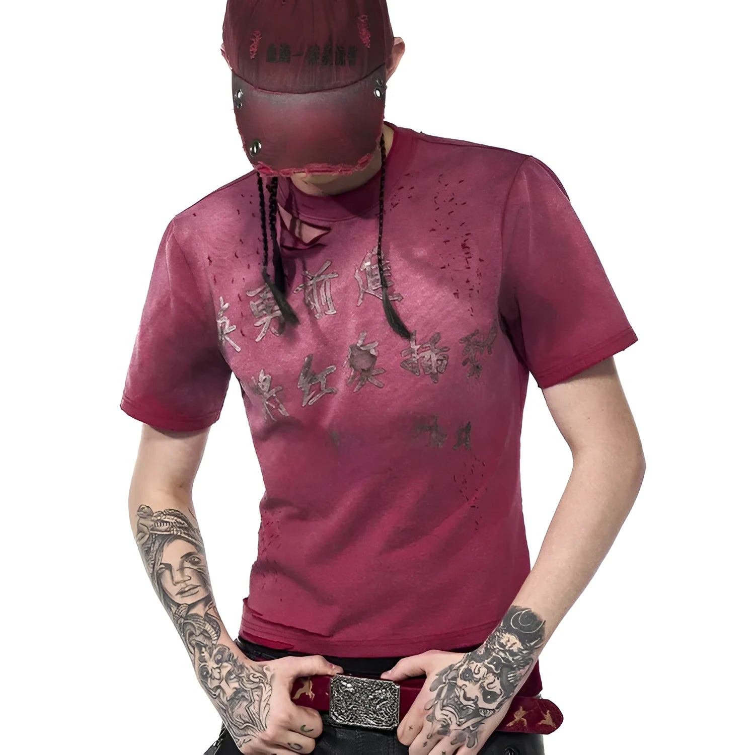 Red men's slim fit t-shirt with distressed dirty wash effect and short sleeves