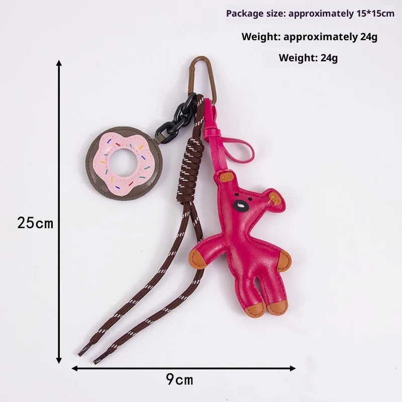 PU leather bear bag charm keychain with donut design in brown, pink, black, white, or rose red.
