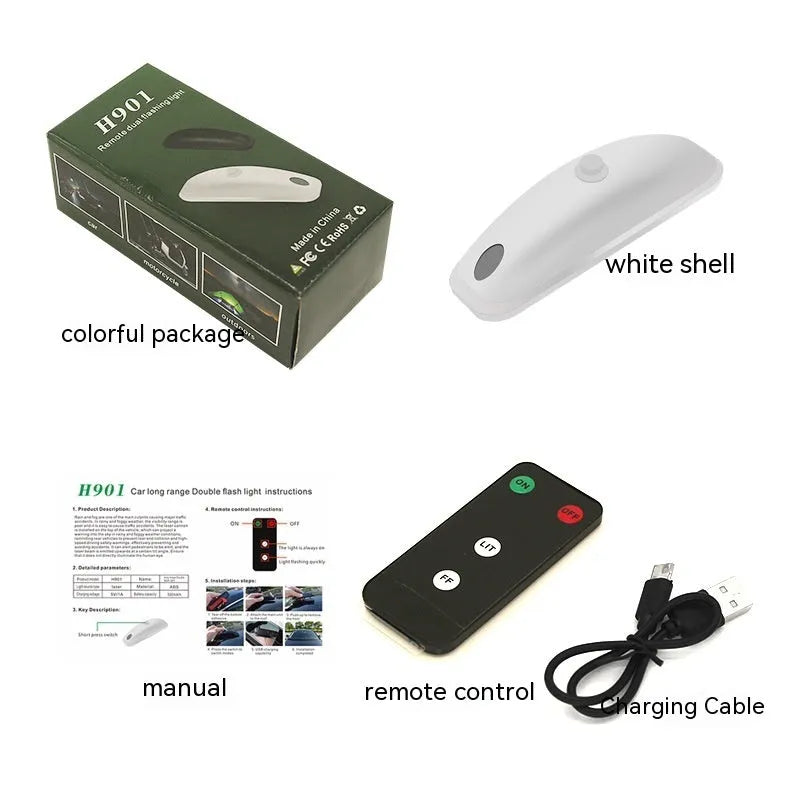 Black car strobe light with remote control showing 14cm length and USB charging cable