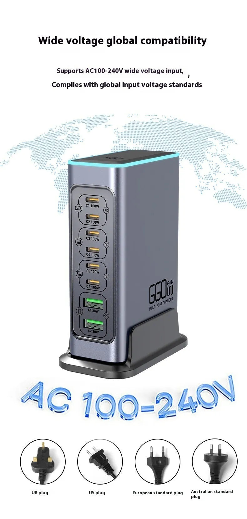 660W gallium nitride desktop charger with Type-C interface and multi-port design for mobile phone and tablet use
