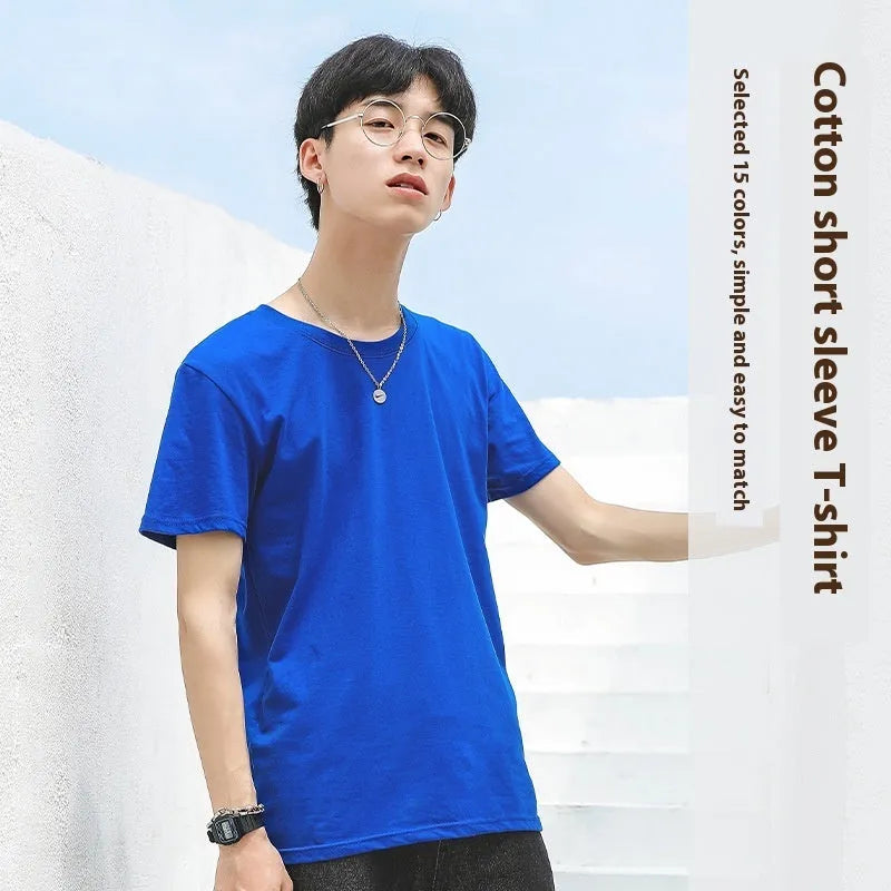 Men's solid colour cotton T-shirt showing round neck and short sleeve design in available colour options