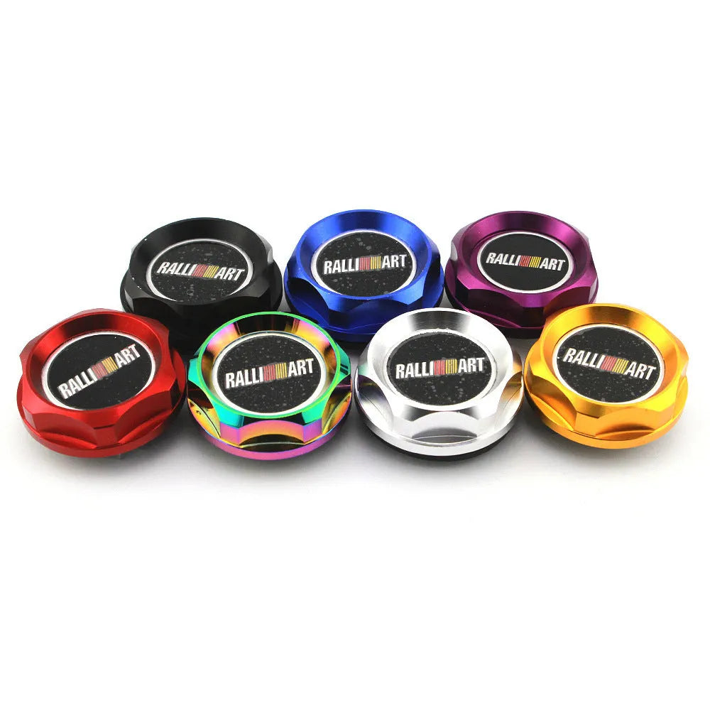 Aluminium alloy oil filter cap for some Mitsubishi models, shown in red, blue, gold, silver, black, and purple.