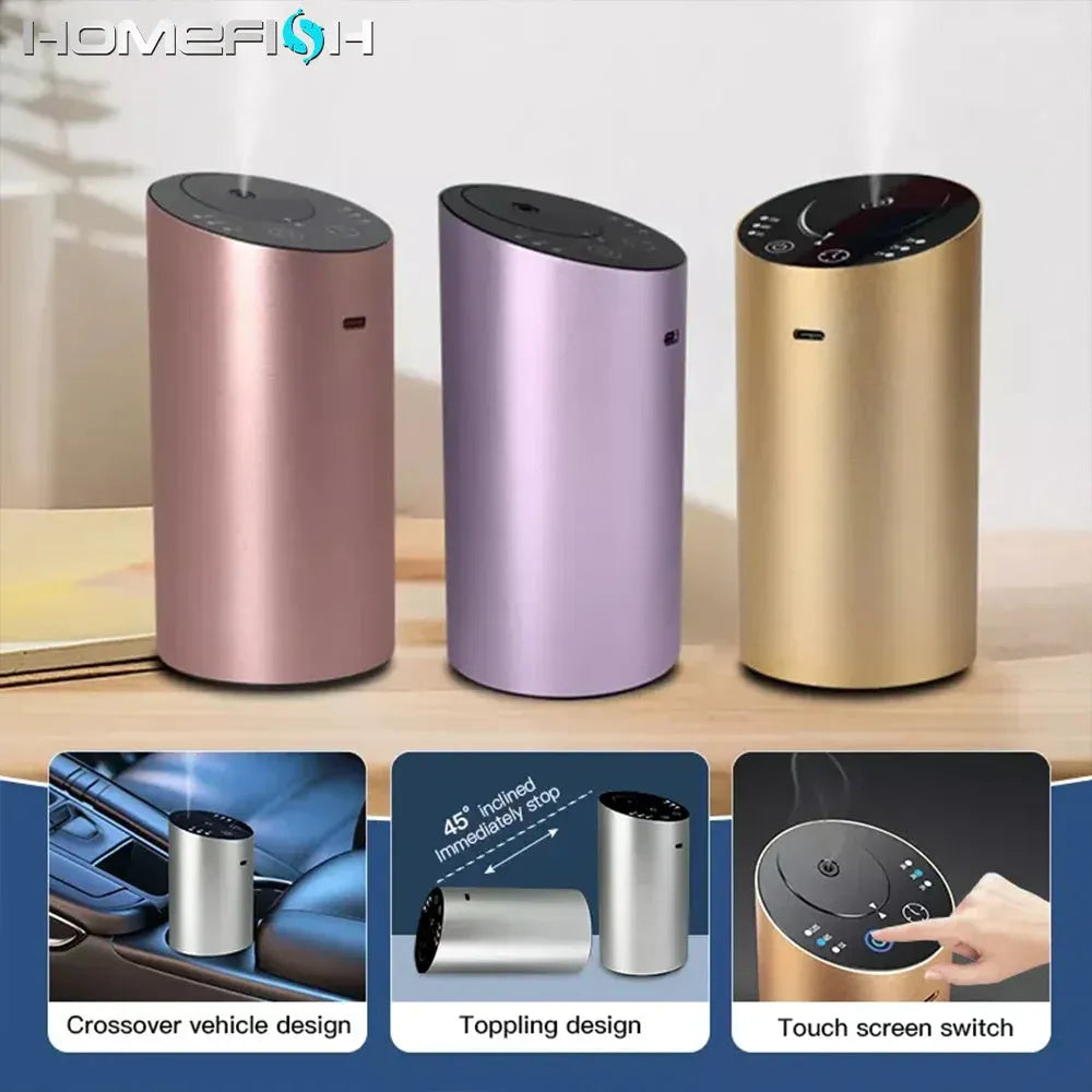 Silver wireless car aroma diffuser with 20ml empty essential oil bottle, aluminium alloy body, D98 x H168mm