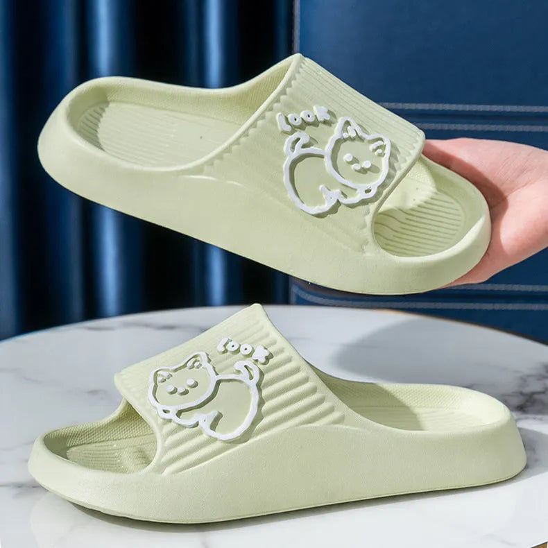 Cat-themed flip-flop slippers with thick EVA platform sole in seven colour options
