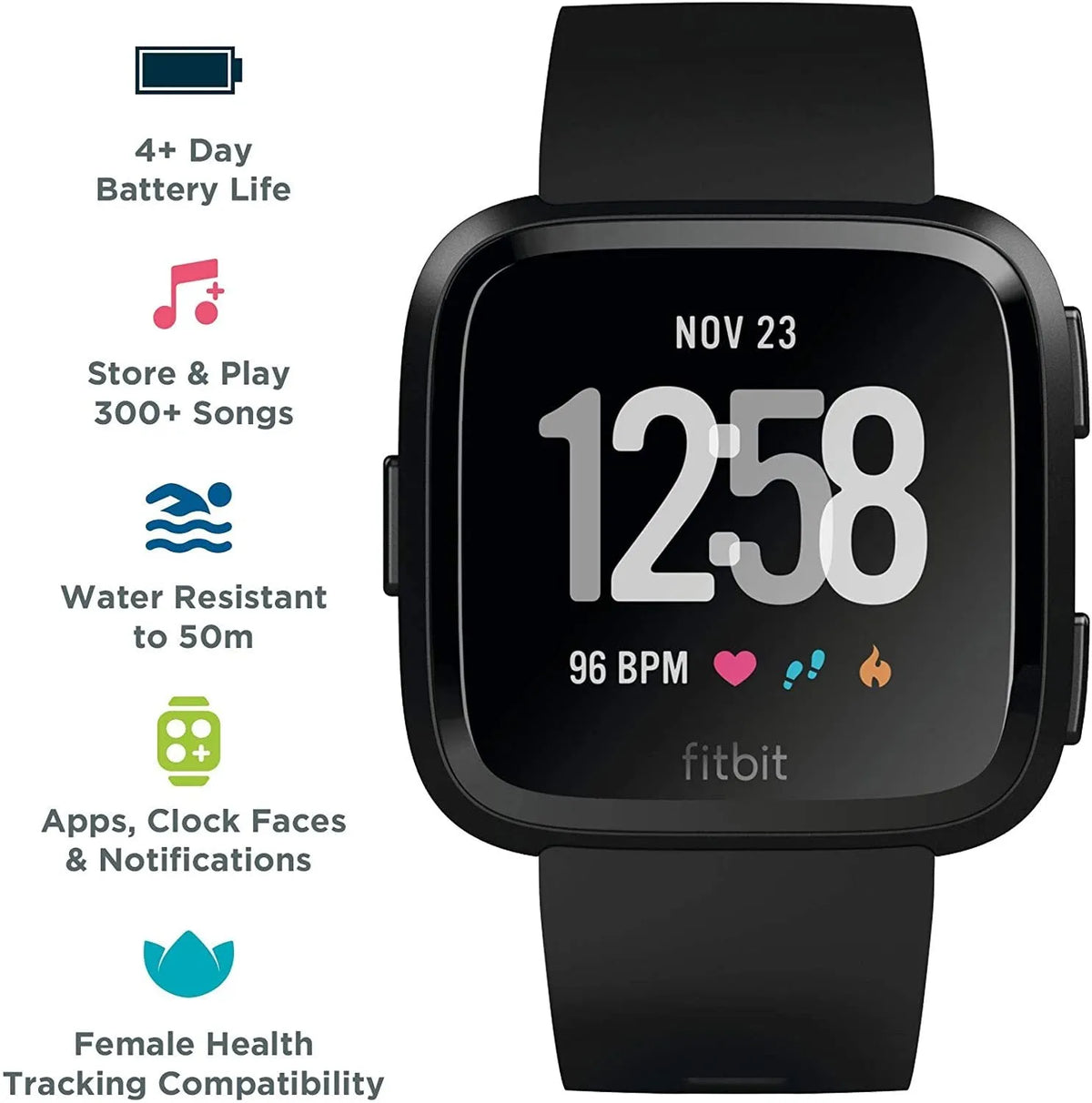 Black waterproof smart watch with heart rate monitor and sleep tracker on a silicone strap.