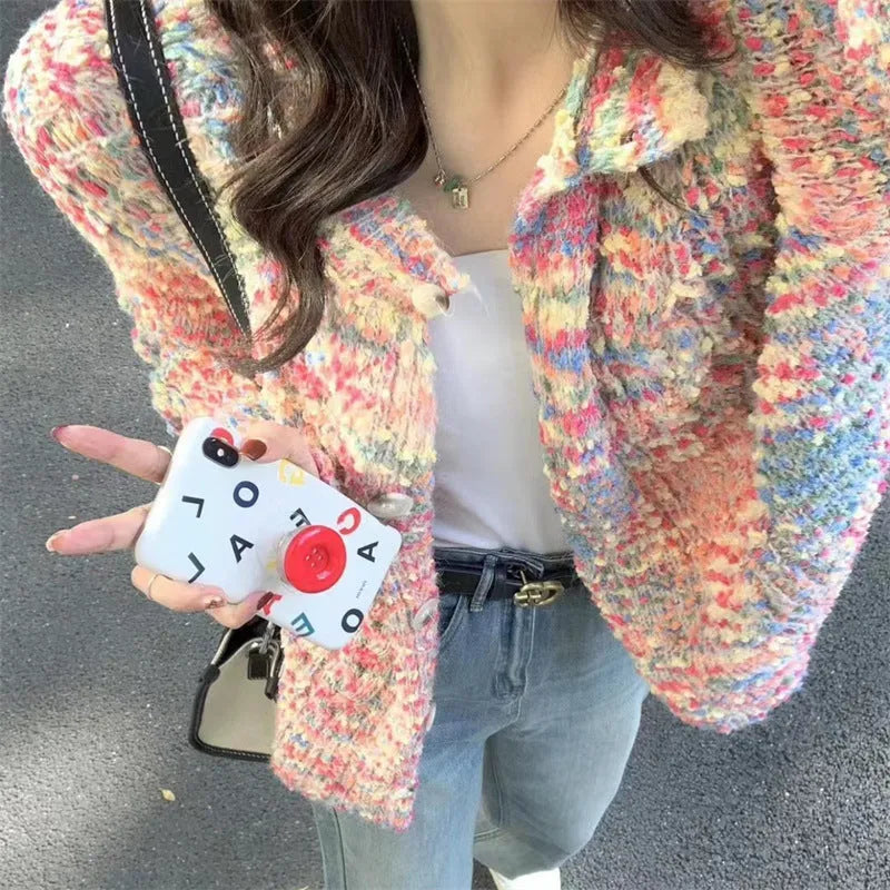 Pink and green acrylic cardigan sweater with knitted rainbow pattern, slim fit free size design