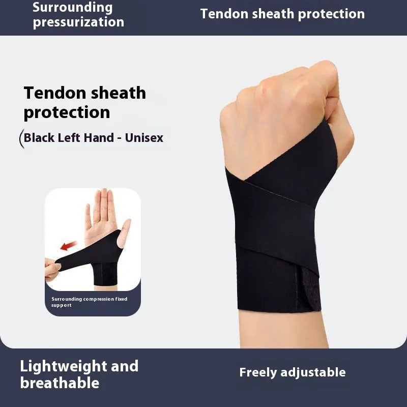 Adjustable black athletic wristguard shown on a wrist, suitable for badminton, tennis and volleyball.