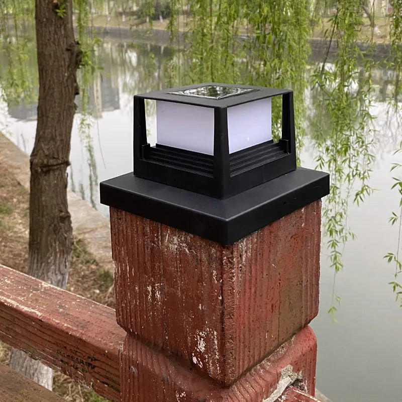Outdoor solar pillar lamp, square 160mm x 160mm x 110mm, IP44, black or white, for home courtyard