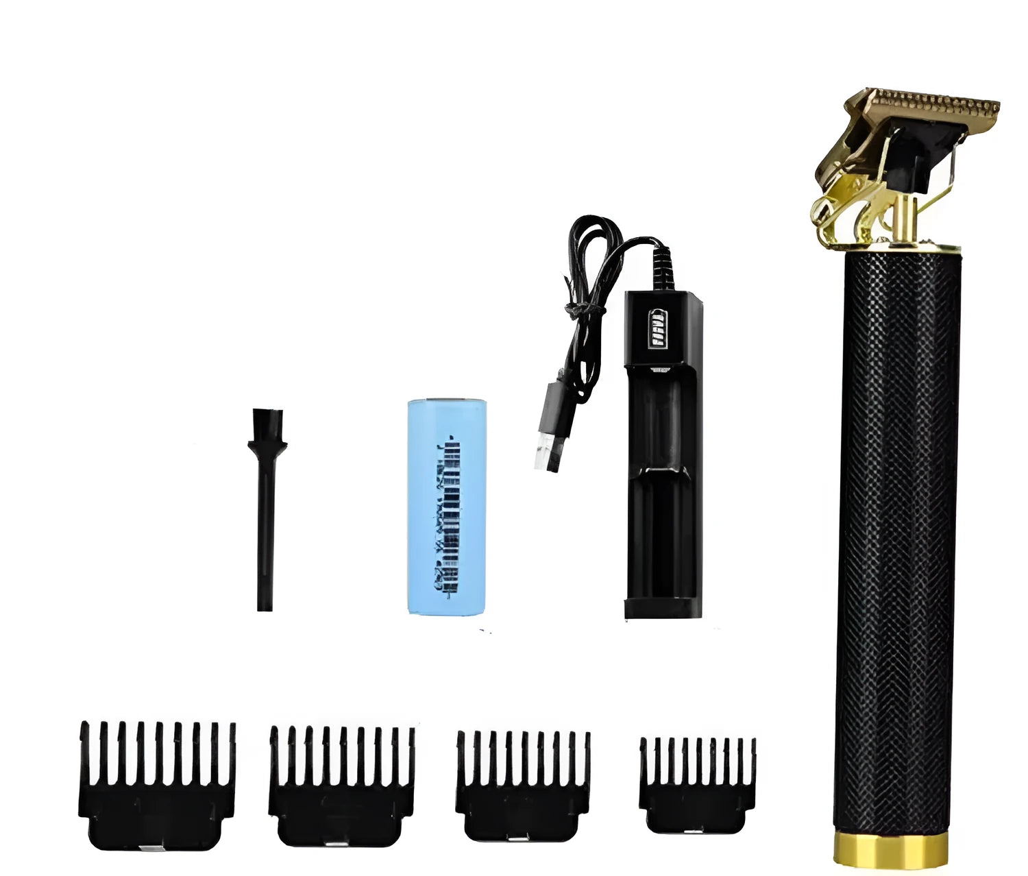 Black USB rechargeable electric hair clipper with gold steel blades and four guide combs