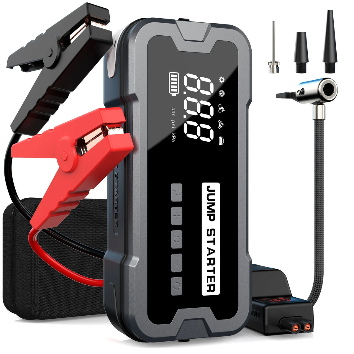 Automobile emergency start power source with clips and LED light on a grey background