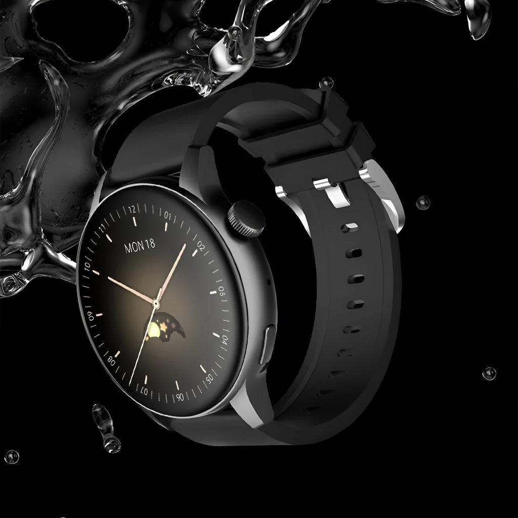 Stainless steel smart watch with colour touchscreen on wrist showing time display