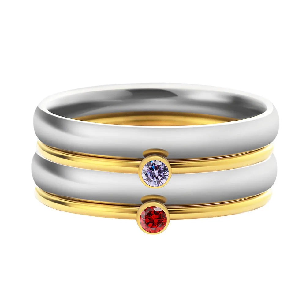 December birthstone titanium steel ring with engraved geometric design and gold accents