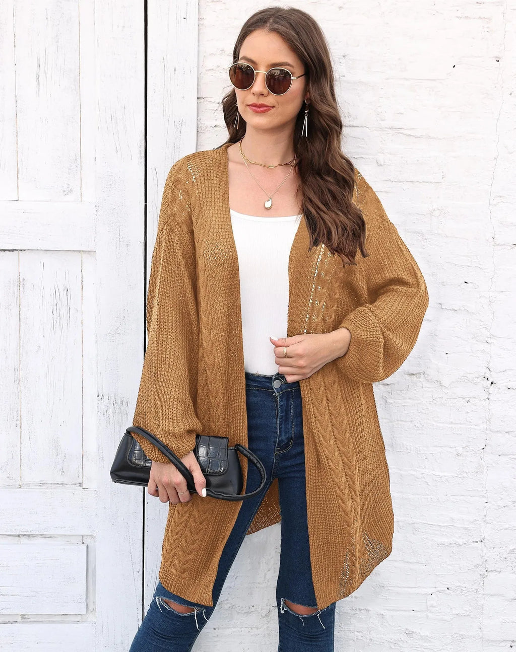 Women's loose casual acrylic cardigan in army green, shown front-on