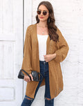 Women's loose casual acrylic cardigan in army green, shown front-on