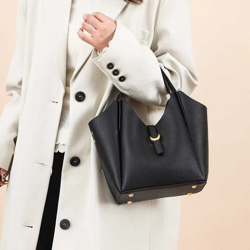 Women's genuine leather retro bucket bag with hand holding design and file organisation compartments