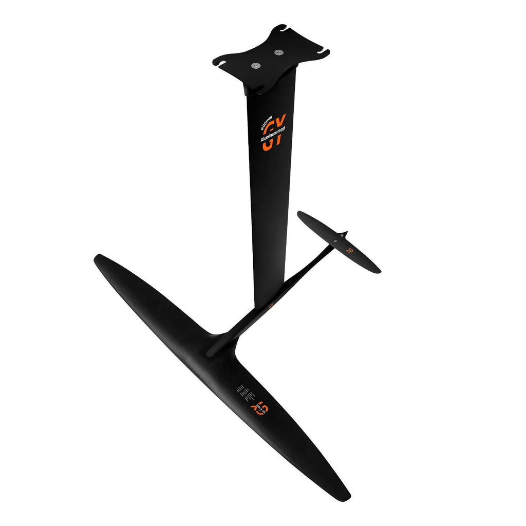 Black carbon fibre hydrofoil for racing surfing with aluminium mast and 1051mm front wing