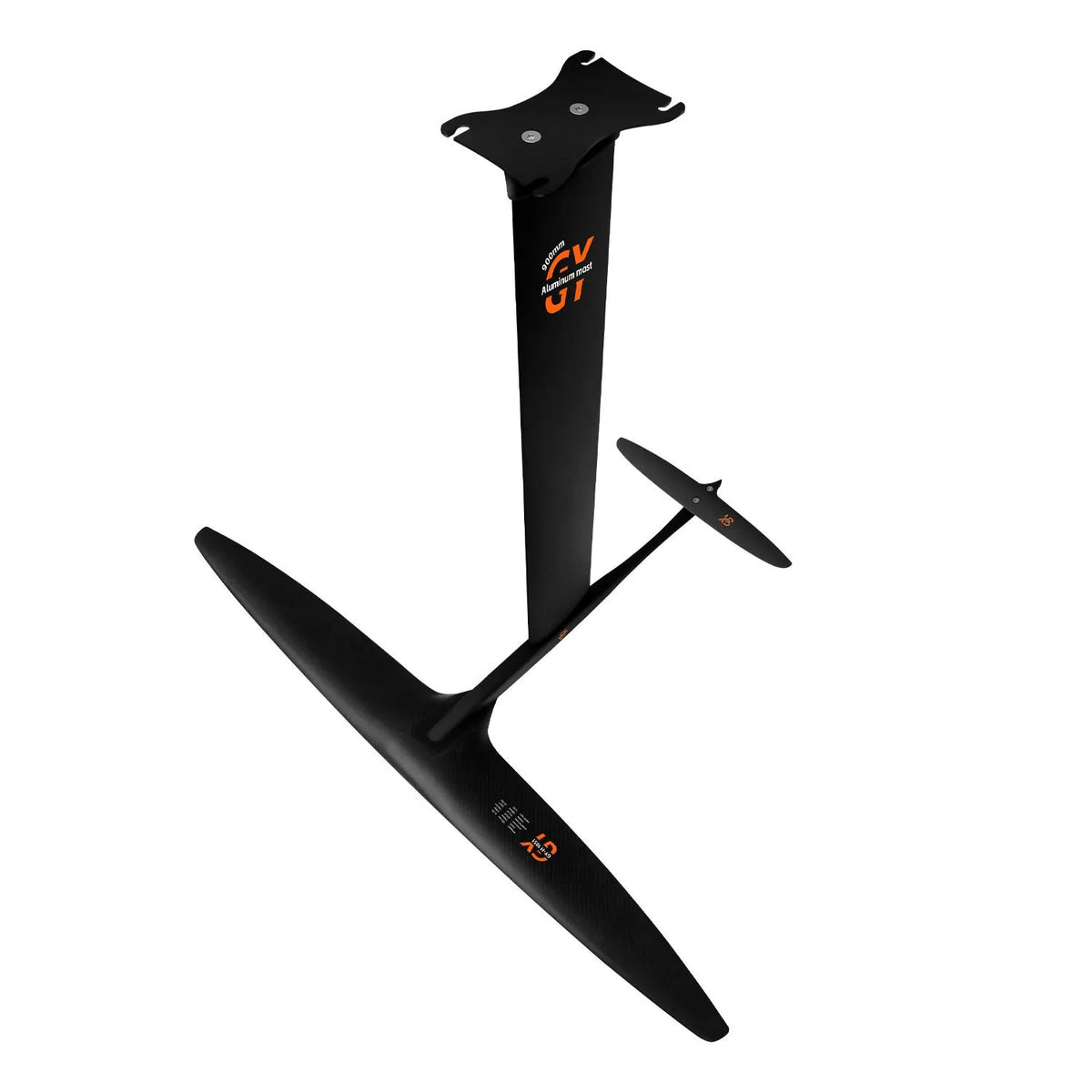 Black carbon fibre hydrofoil for racing surfing with aluminium mast and 1051mm front wing