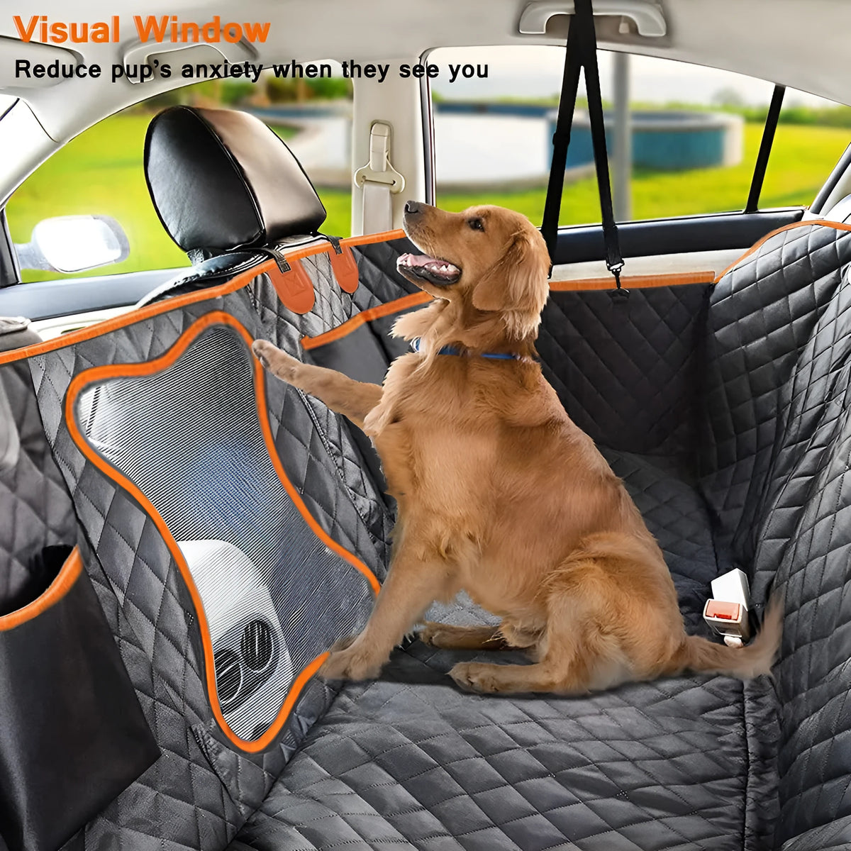 Black waterproof dog car seat cover with orange edging and mesh window installed on vehicle rear seats