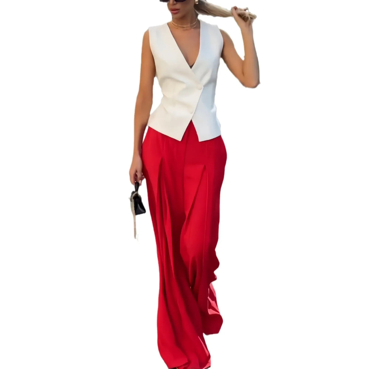 Women's beige deep V-neck sleeveless top and high-waist wide-leg trousers two-piece set
