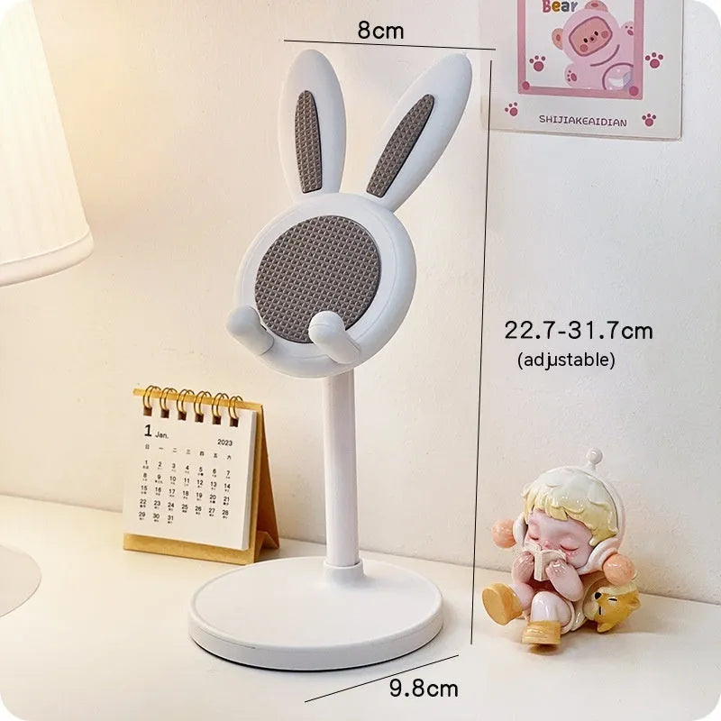 Cartoon bunny desktop phone tablet adjustable bracket in plastic, white colour, tilted view