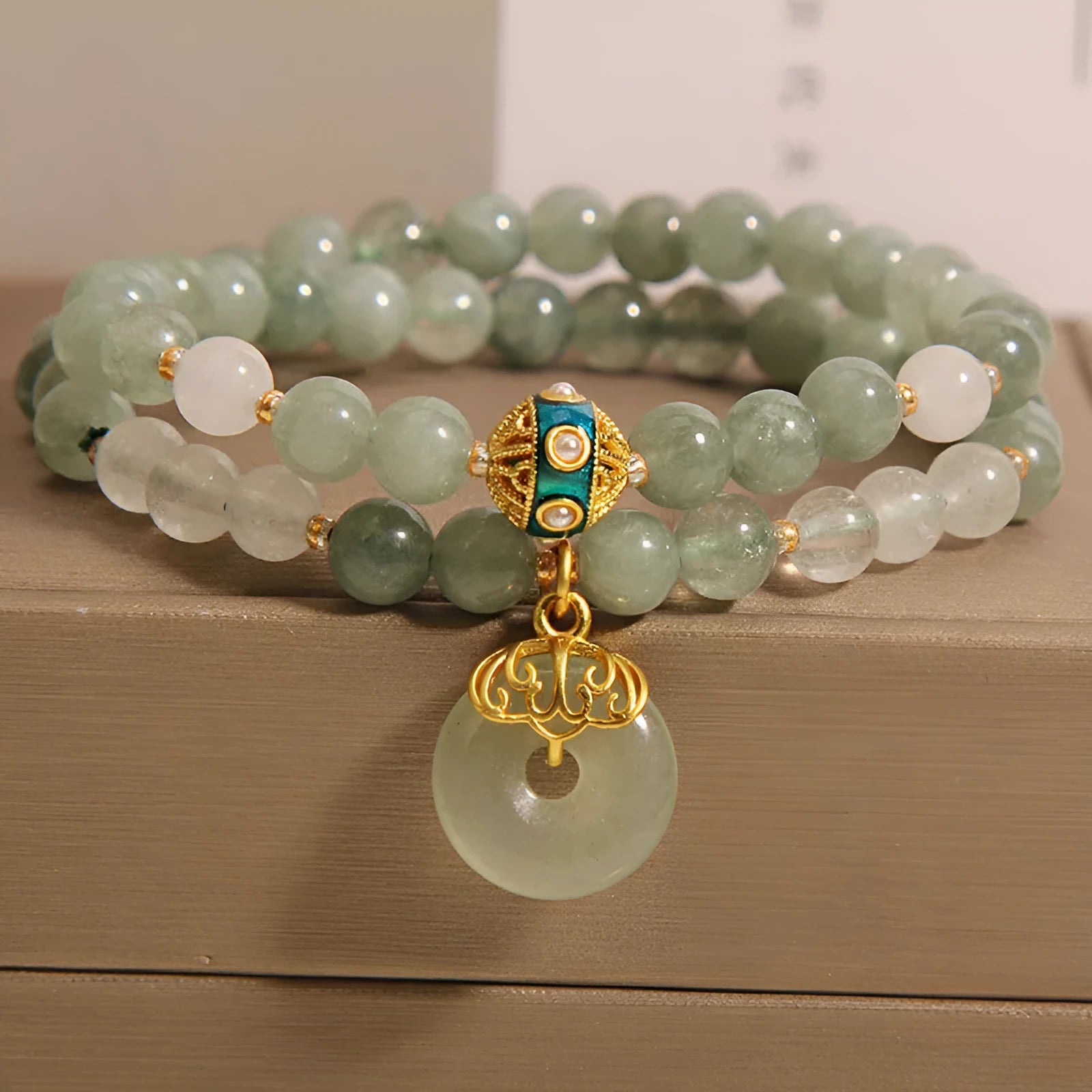 Oil green aventurine jade women's bracelet with double-layer design, crystal, rhinestones, and safety peace buckle