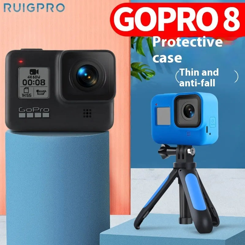 GoPro Hero 8 Black camera with blue silicone protective sleeve and a blue neck lanyard attached.