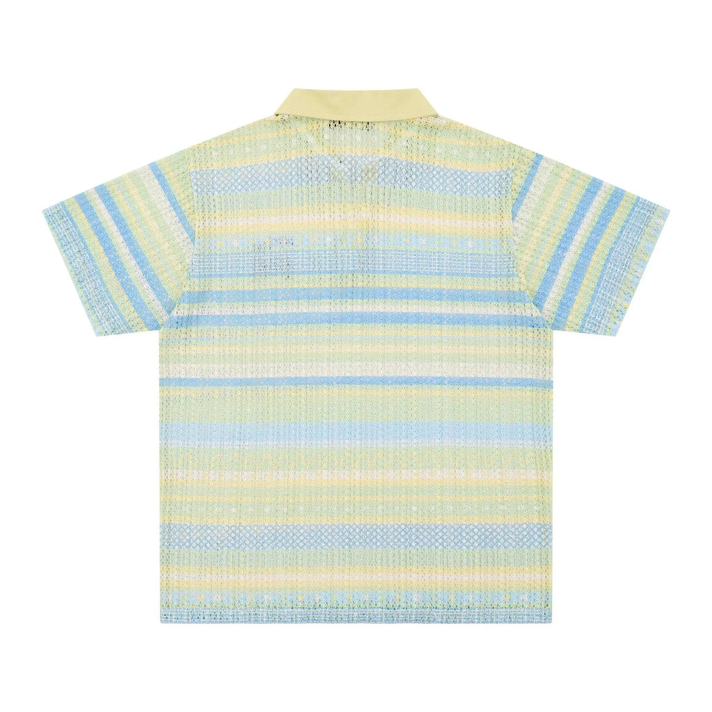 Men's blue printed short sleeve shirt with elastic fabric and loose leisure cut