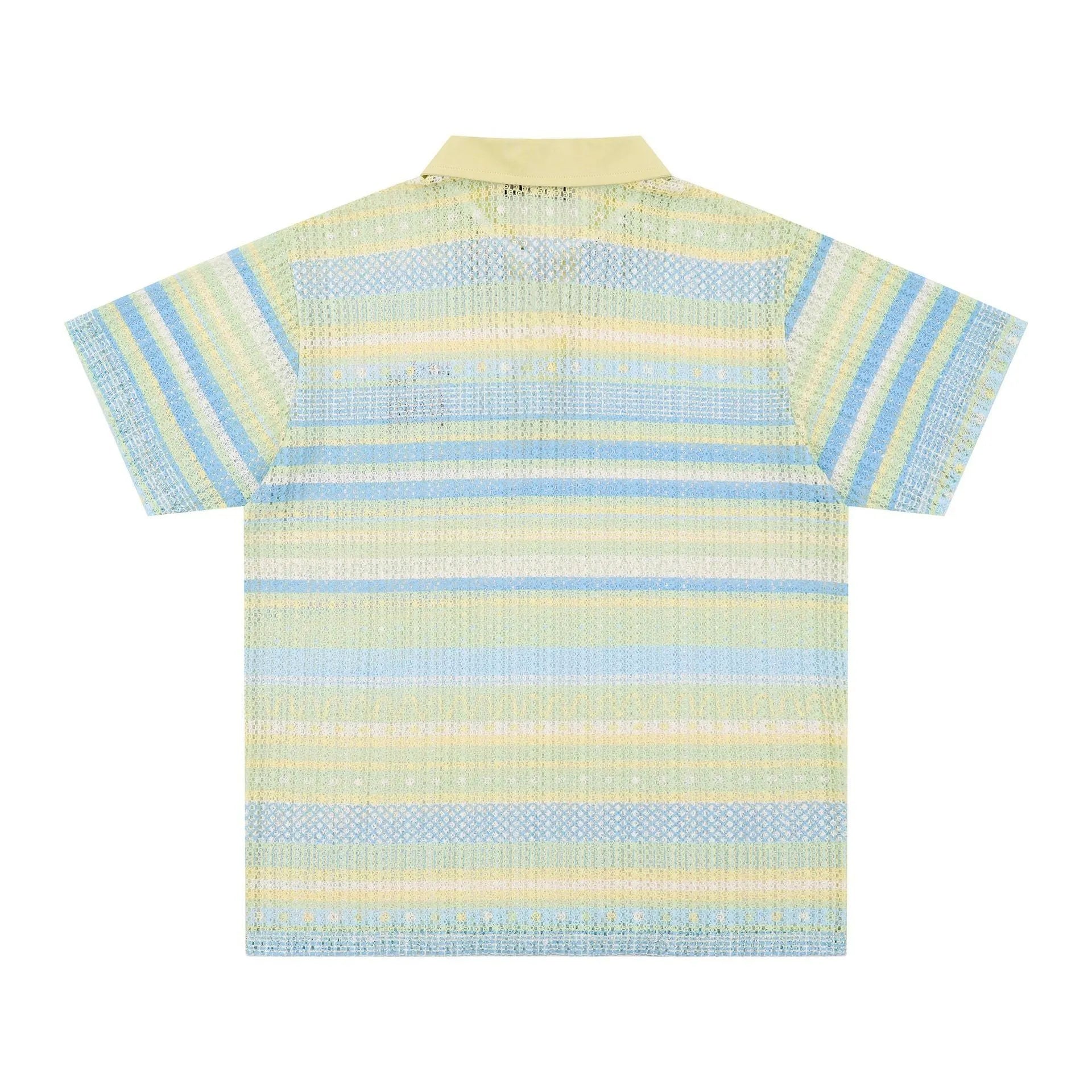 Men's blue printed short sleeve shirt with elastic fabric and loose leisure cut